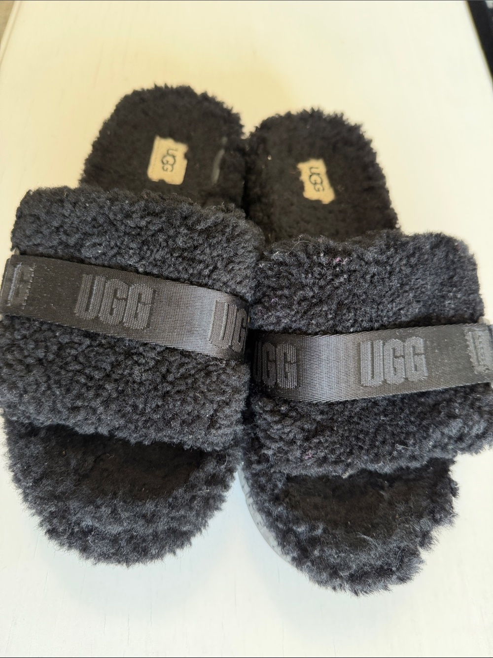 UGG Black Fuzzy Logo Band Slide Sandals